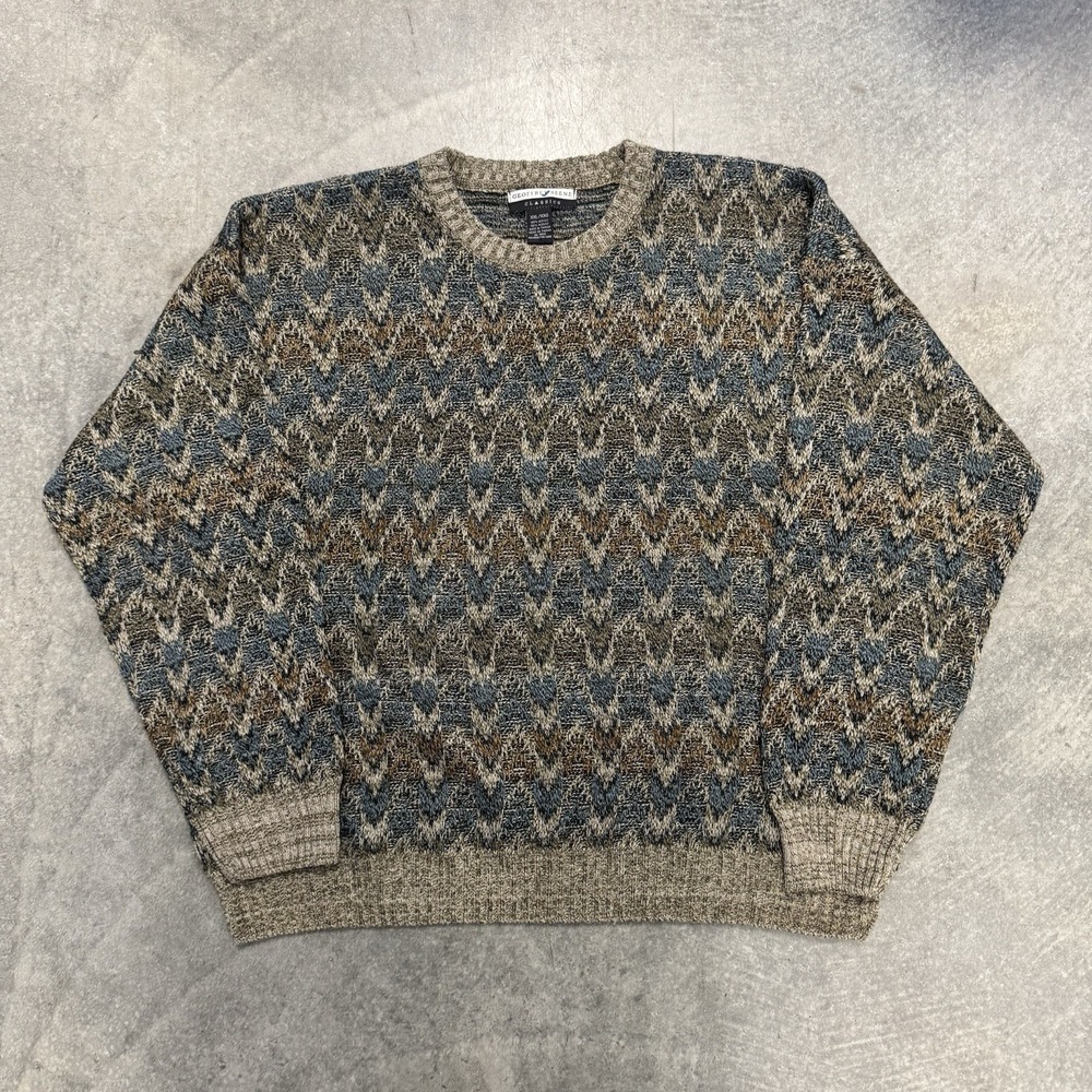 Vintage Men's Brown Sweater Acrylic Geometric Knit Earthtone Crewneck XXL